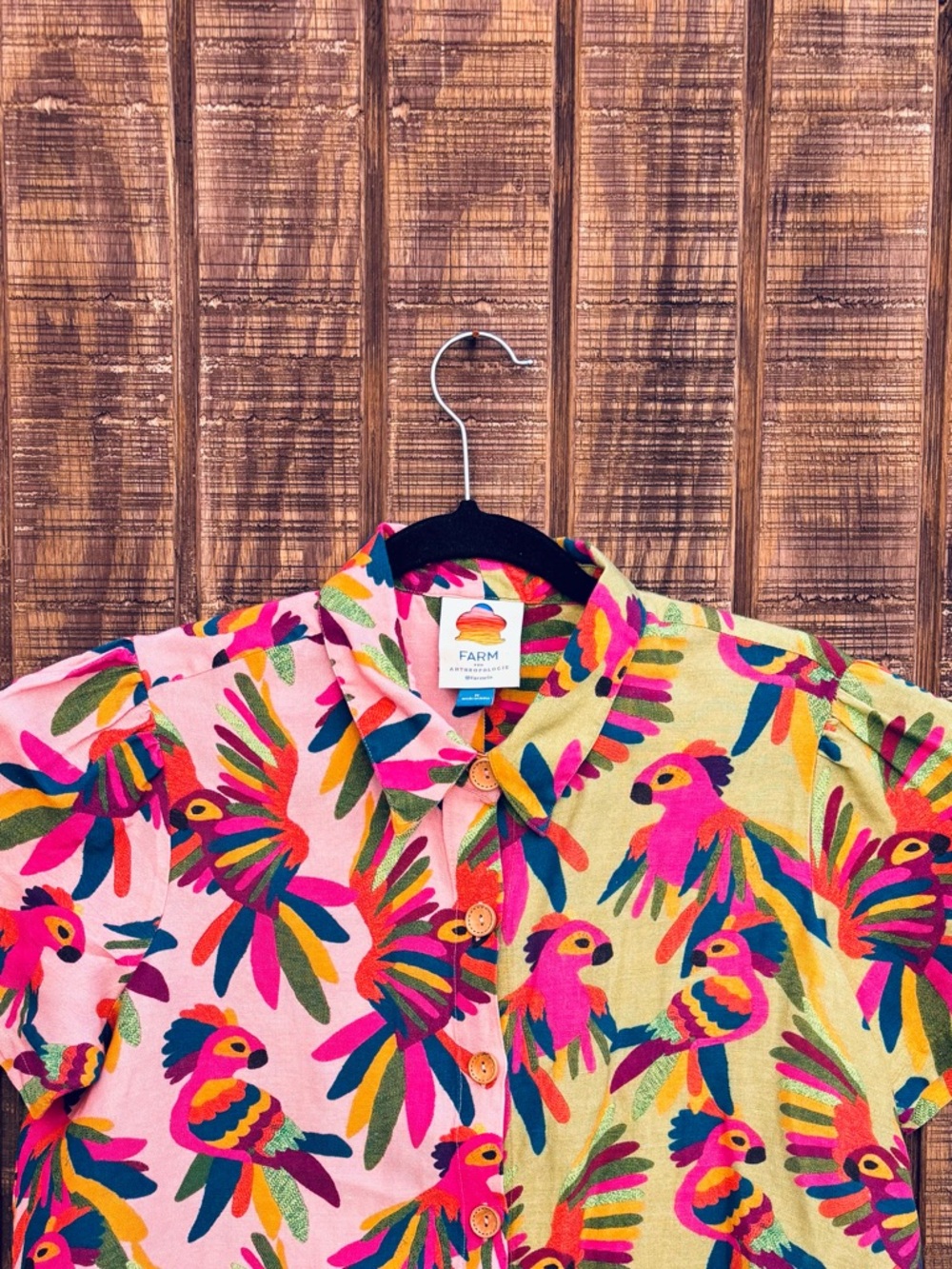 FARM Rio From Anthropologie Two Tone Parrot Button Up Linen Blend Shirt - Picture 4 of 14